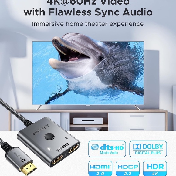 2x1 HDMI Switch 4K@60Hz W 3.3ft Cable Bidirectional Splitter for PS5/Xbox/Roku - Picture 5 of 9